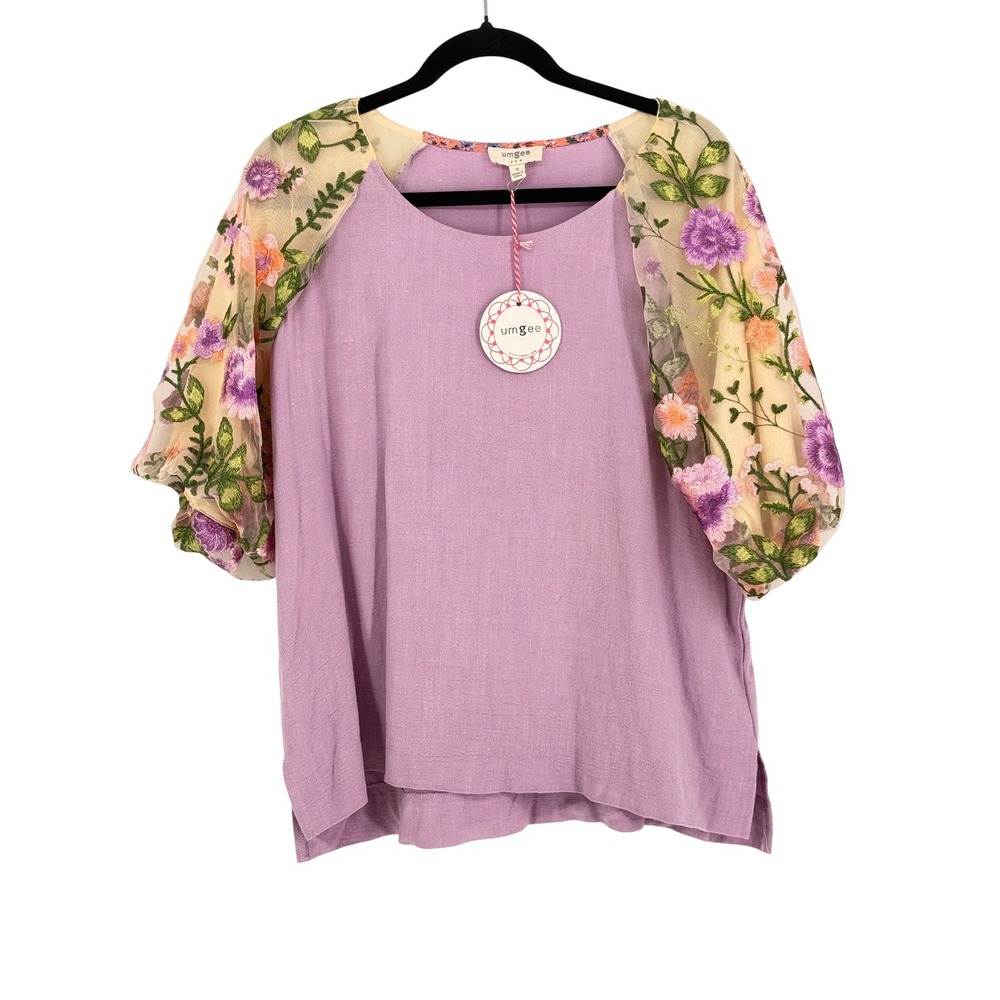Umgee New Womens Purple Floral Embroidered Mesh Puffed Sleeve Top Size M Cottage